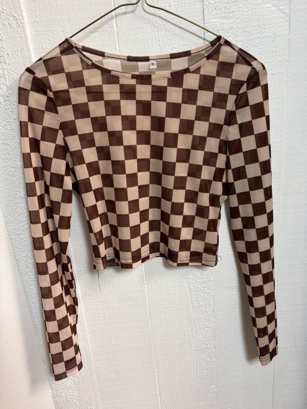 Checkerboard Long-Sleeve Crop Top - Brown/Cream